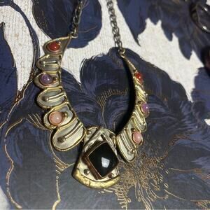 Vintage Bohemian & Tribal Egyptian Mixed Metal Onyx Agate Gemstone Choker
